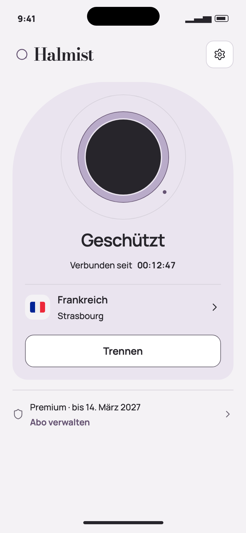Halmist-App mit aktiver VPN-Verbindung