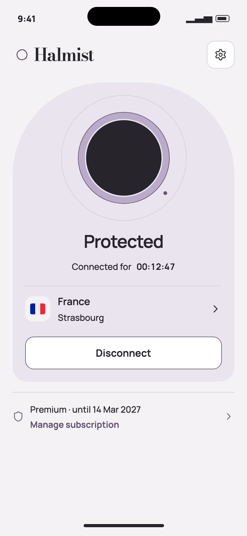 Halmist mobile app with an active VPN connection